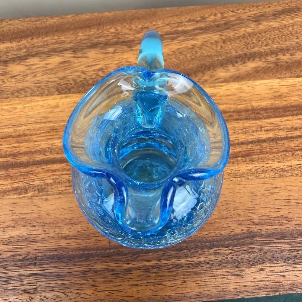 Vintage Blue Crackle Glass Decanter Mini Pitcher Cruet with Ball Stopper 6.5in